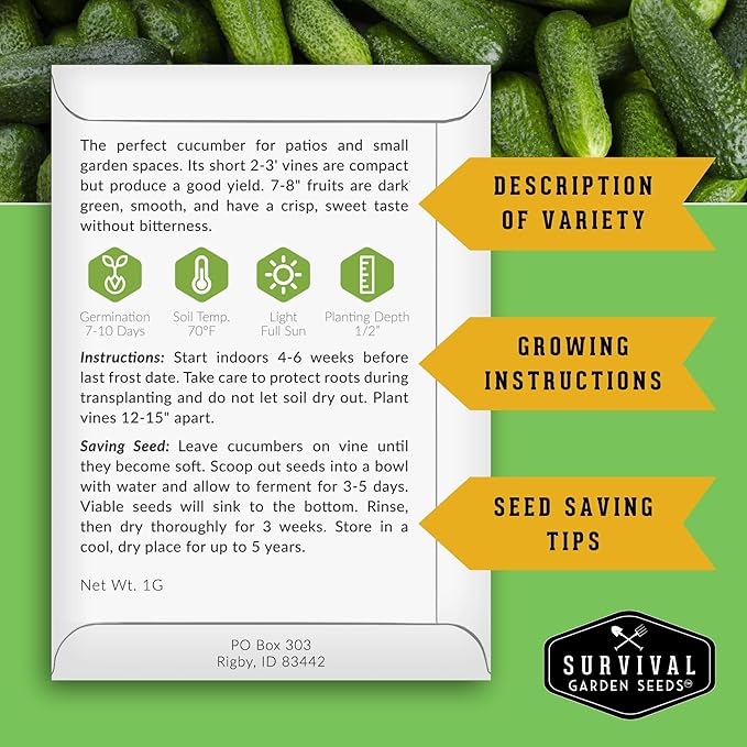 Spacemaster Cucumber Seeds for Planting | Compact Heirloom Non-GMO Variety for Small-Space Gardens – Survival Garden Seeds (1 Pack)