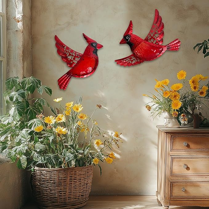 HONGLAND Metal Cardinal Wall Art 12inch Metal Birds Wall Sculpture Garden Decoration Outdoor Statue Patio Fence Hanging Plaques 2 Pack