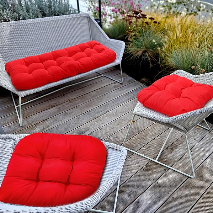 Barydat 3 Pack Wicker Furniture Cushions Waterproof Outdoor/Indoor Tufted Wicker Chair Cushions 1 Loveseat and 2 U-Shape Rattan Chairs for Patio Furniture, Rattan Love Seat, Bench(Red)