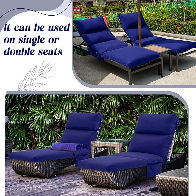 Kigley 2 Pcs Chaise Lounge Cushions, 77.9 x 20.5 x 4.7 Inch Outdoor Lounge Chair Cushions with Pocket, Thick Tufted Patio Recliner Replacement with Ties, Fade Resistant for Pool Furniture (Navy Blue)