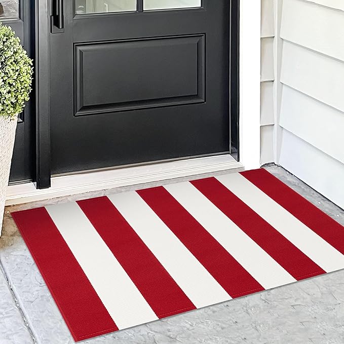 KOZYFLY Red and White Striped Outdoor Rug 24x36 Inches Front Door Rug Hand Woven Christmas Area Rug Washable Doormats Entrance Mat for Front Porch Kitchen Entryway Bedside