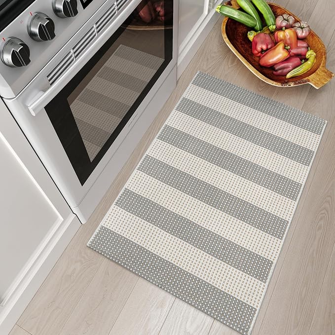 Striped Grey and White Outdoor Rug 2x3,Washable Reversible Front Door Mat Cotton Hand-Woven Porch Rug, Foldable Spring Layered Door Mats for Entryway/Farmhouse