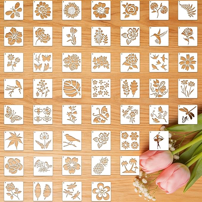 50 Pcs Large Flower Stencils for Painting, 3.94 X 3.94 Inch Flower Stencils for Crafts Reusable, Wood and Wall Stencils for Painting Large Pattern, DIY Templates Holiday Wall Paper (J)