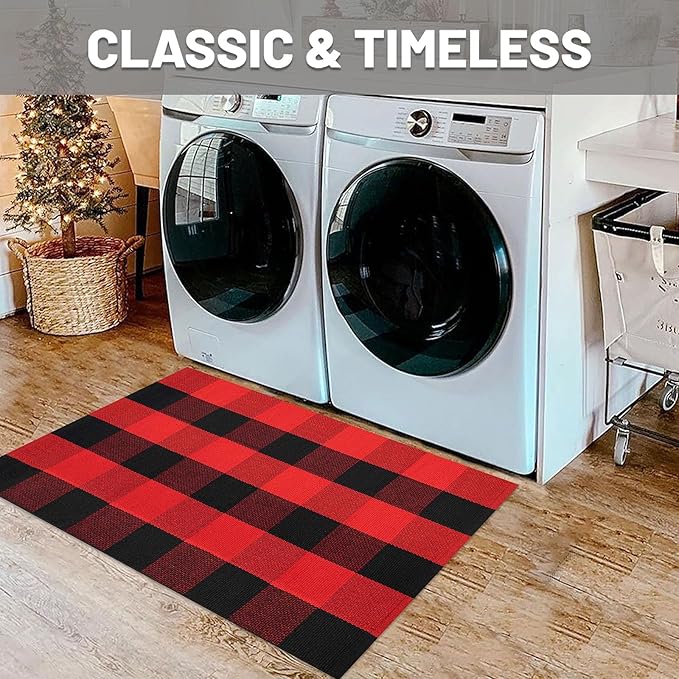 IOHOUZE Christmas Buffalo Plaid Rug 2x3 Ft Outdoor Indoor Doormat Red Black Checker Washable Area Rug Woven Cotton Checkered Front Porch Mat Christmas Decor for Front Door Entryway Home Entrance