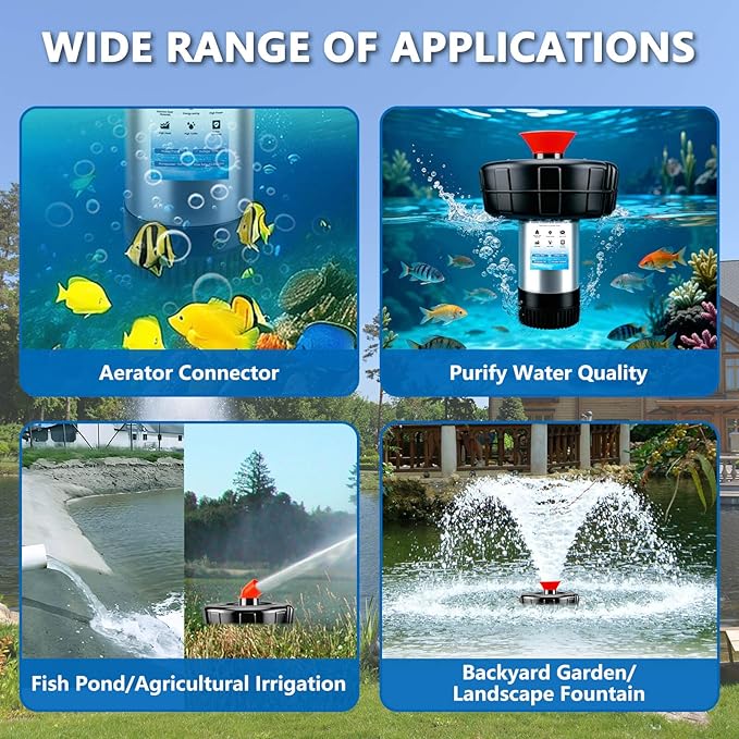 RAMATA Pond Fountain Aerator 1HP 750W 110V/15000 GPH Floating Fountain Pump, 120FT Power Cord, Multifunctional time Controller, Stainless Steel Body, Aerator Pump for Small & Large Ponds and Lakes