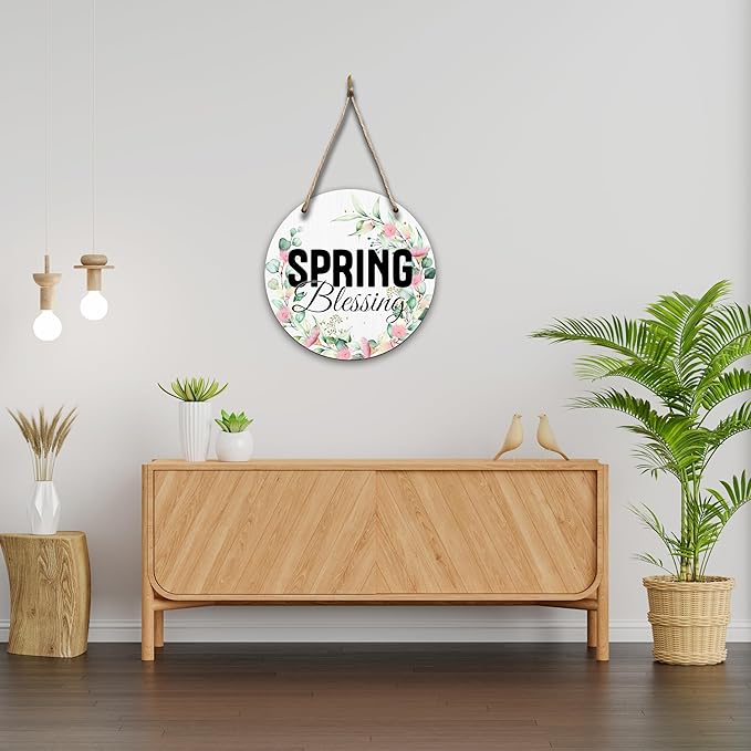 Spring Hanging Decor For Front Door, Spring Blessing Round Sign Decor For Farmhouse Home Yard Porch, Hello Spring Decorations, Christian Spring Wall Plaque Gifts For Friends Family -06