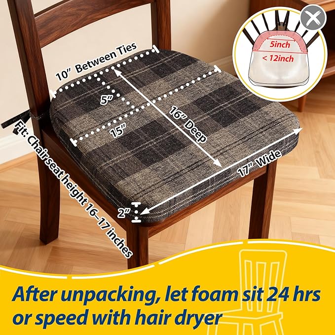AAAAAcessories D-Shaped Chair Cushions, 2" Thick Dining Chair Pads with Ties and Removable, Machine-Washable Cover, 17" x 16", Brown Checkered