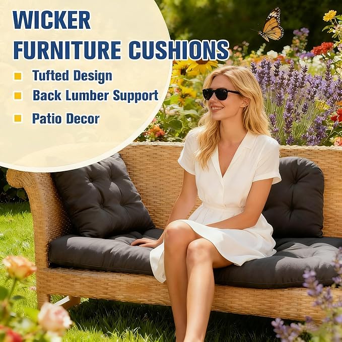 Patio Furniture Cushions Outdoor, Waterproof Wicker Chair Cushions Set of 3, 1 Loveseat & 2 Seat Pads, Thick Outdoor Replacement Cushions for Porch Lawn Bench Couch Sofa Swing, Dark Grey