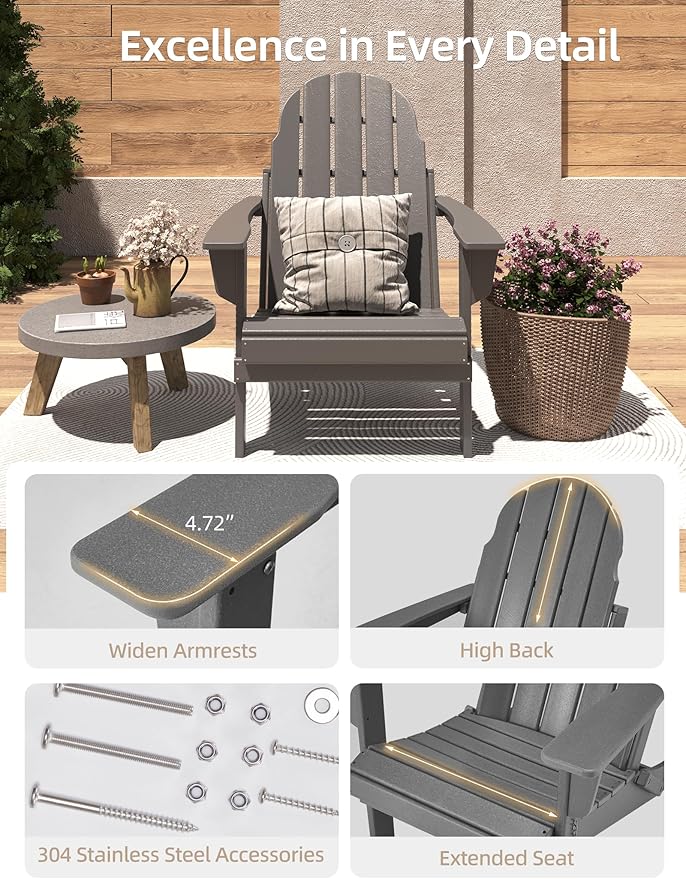 Folding Adirondack Chair - Durable HDPE Poly Lumber All-Weather Resistant, Foldable Oversized Balcony Porch Patio Outdoor Chair for Lawn, Backyard, Deck, Garden, Camping - Easy Installation, Gray