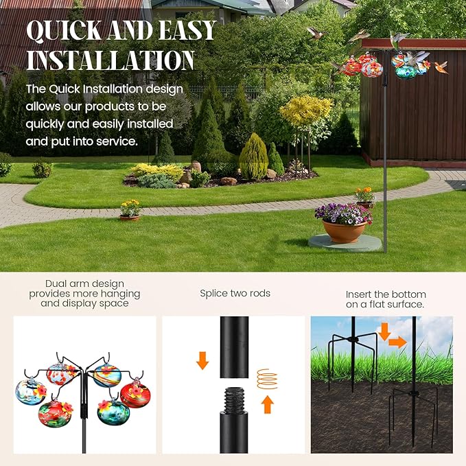 Chunful Hummingbird Feeders for Outdoors Hanging (6 Feeding Stations) Hand Blow Glass Hummingbird Feeder with Shepherd Hook and Adjustable Hight Bird Feeder for Outside, Home Garden Yard, Never Leak