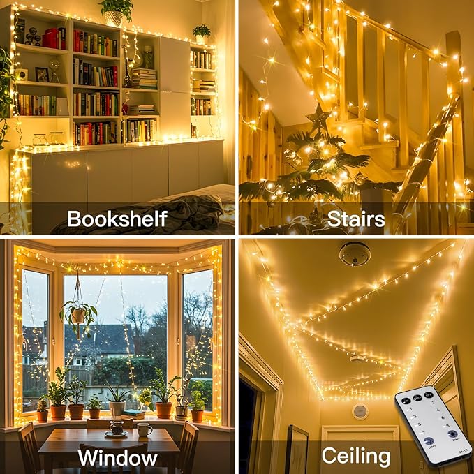 suddus Indoor Christmas Lights with Remote, Warm White String Lights Plug in with Timer, 33ft 100 LED Twinkle Fairy Lights for Bedroom Dorm Xmas Tree Wreath Wedding Garden Party Outdoor Decorations
