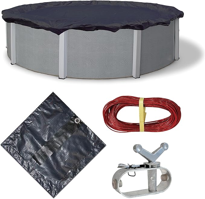 Blue Wave Bronze 8-Year 18 ft Round Above Ground Pool Cover for Winter– Durable & Weather-Resistant Polyethylene – 4 ft Overlap, Black Underside, Reinforced Grommets, Winch, Cable – Navy Blue