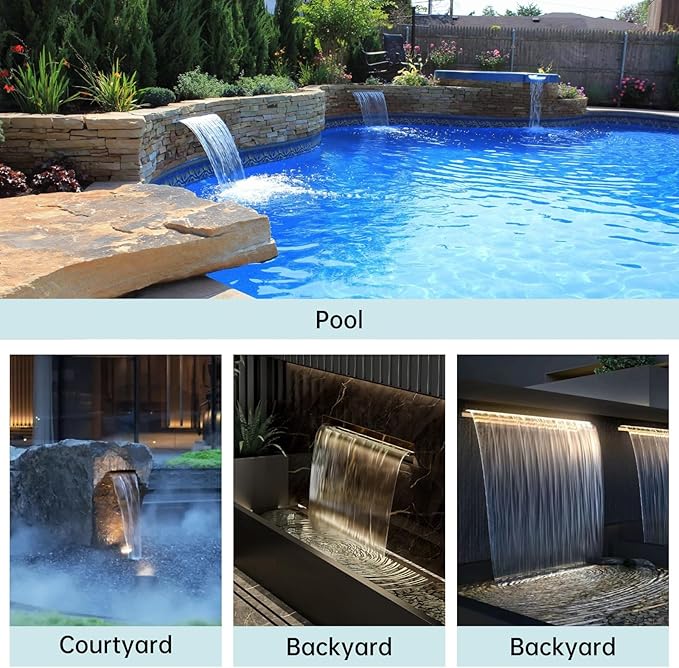 Waterfall Spillway Stainless Steel Pond Waterfalls with Color Changing LED Light, Outdoor Pool Fountain Water Feature Kit for Garden Patio Swimming Pool Koi Ponds Decor-36"x8"x4"
