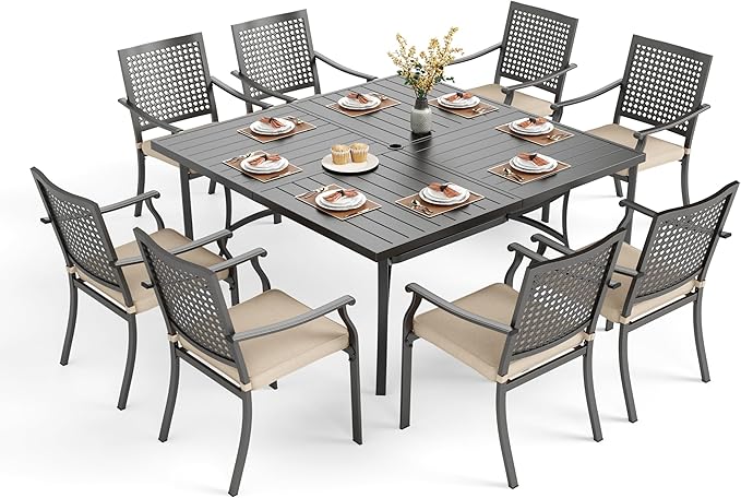 PHI VILLA 9 Pieces Outdoor Dining Set for 8, 60” Square Metal Wrought Iron Table & Stackable Steel Chairs with Cushions, Large Furniture Set for Outdoor Deck, Yard, Porch - Black