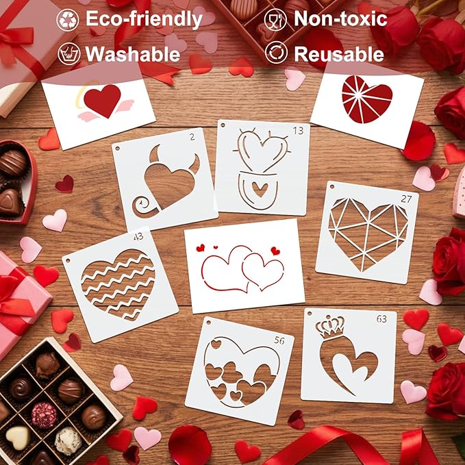 Marspark 66 Pcs Spring Easter Small Stencils for Crafts Reusable 3 Inch Stencils for Painting on Wood DIY Craft Paint Template for Wall Home Decor Card Rock Canvas Drawing Holiday (Love Heart)