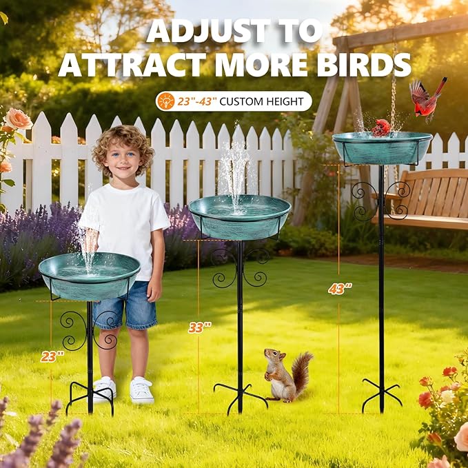 3" Deep 43" Tall Metal Bird Bath for Outdoors, 12" Dia Removable Bird Baths Water Bowl for Outside, Vintage Standing Birdbaths with Stable Stake for Garden Yard Lawn Decor 1.4 Gallon, Blue-Green