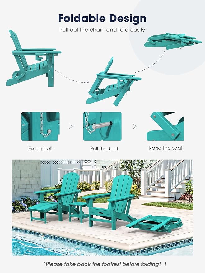 KINGYES Folding Adjustable Adirondack Chair with Retractable Ottoman Set of 6, HDPE All Weather Chair with Cup Holder - Recliner Adirondack Chair, Aruba