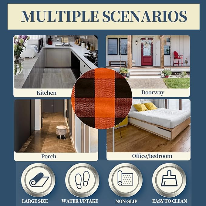 SEEKSEE Cotton Buffalo Plaid Rug 3'x5' Orange and Black Checked Rug Washable Doormats Indoor Outdoor Rugs for Layered Front Door Mats, Porch, Kitchen, Farmhouse, Entryway