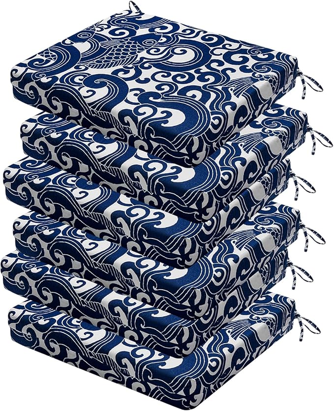 Outdoor Chair Cushions Set of 6, 18.5 x 16 Inch Patio Chair Cushions for Outdoor Furniture, Water Resistant, Non-Slip Ties (Blue Carp)