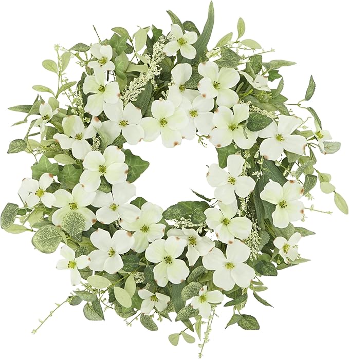 YNYLCHMX 18" Spring Summer Wreaths for Front Door, Artificial Floral Wreath with White Phalaenopsis Green Eucalyptus Leaves, Green Foliage Wreath for Wall Window Farmhouse Party Holiday Home Decor
