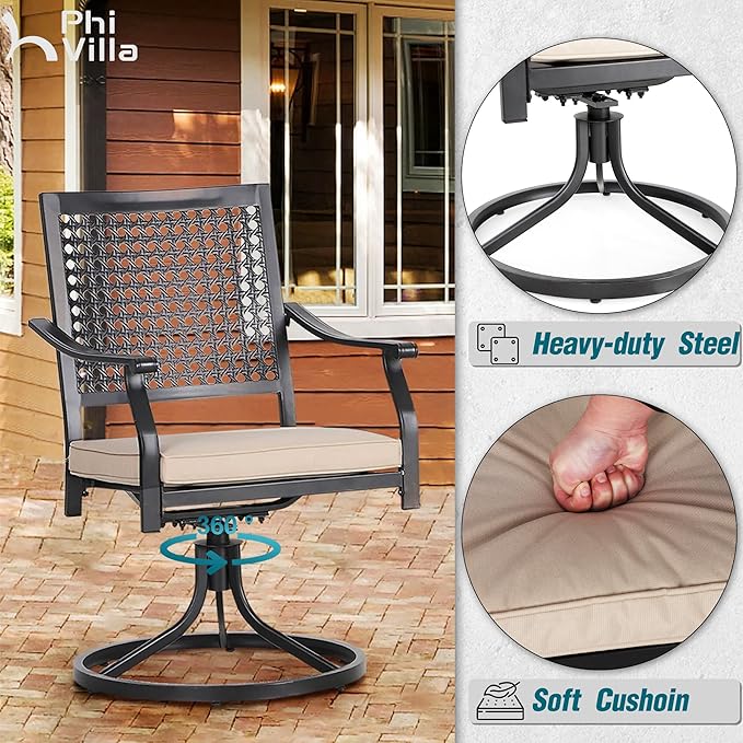 PHI VILLA 7 Pieces Outdoor Dining Set for 6, Rectangular 60" Steel Dining Table & Wrought Iron Swivel Dining Chairs with Cushions, Morden Dining Furniture Set for Patio, Deck, Porch
