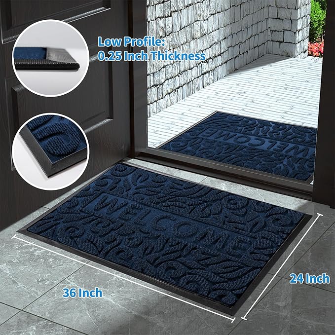 Yimobra Large Welcome Mat 36x24, Waterproof Non-Slip Outdoor Mats for Front Door Outside Entrance, Low-Profile Entryway Mat Indoor for Garage Patio, Blue