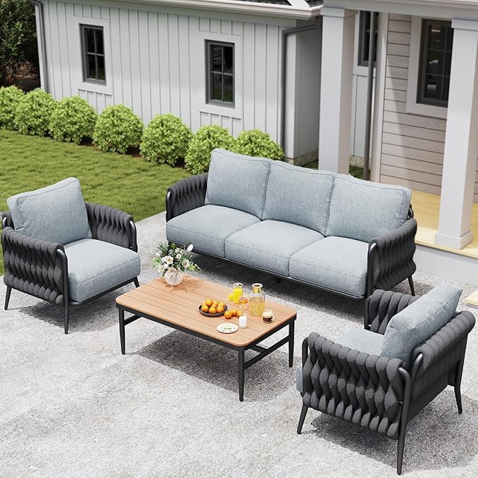 Outdoor Patio Furniture Set, Outdoor 5-Seat Sofa with Coffee Table, Waterproof Thick Cushion Patio Conversation Set, All Weather Outdoor Couch Set for Deck, Lawn, Balcony, Porch