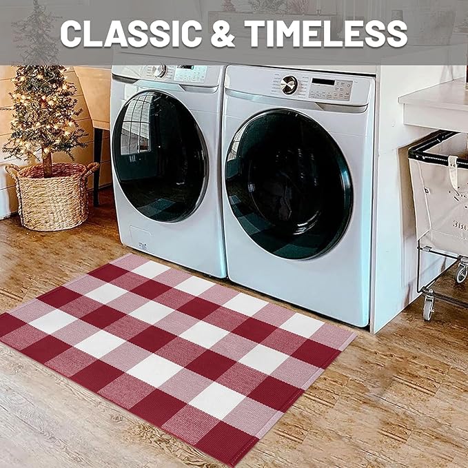 IOHOUZE Christmas Buffalo Plaid Rug 2x3 Ft Outdoor Indoor Doormat Red White Check Washable Area Rug Woven Cotton Checkered Front Porch Mat Christmas Decor for Front Door Entryway Home Entrance