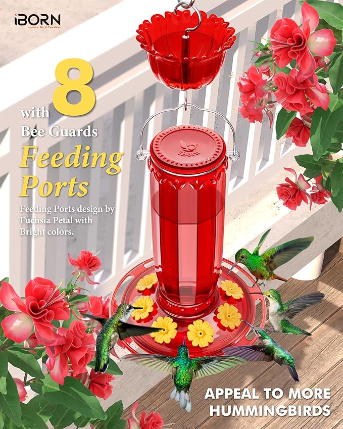 iBorn Hummingbird Feeders for Outdoors Hanging with Ant Moat for Hummingbird Feeder Glass 8 Ports for 16oz Humming Bird Nectar,Yellow Flowers Red Glass, Pack of 1