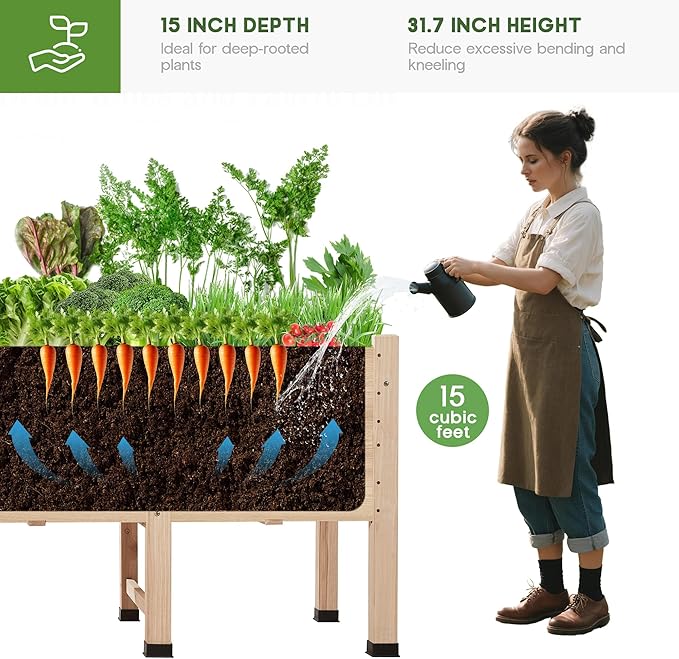 AMERLIFE 8x2 Ft Raised Garden Bed, 16 Inch Depth Featuring Legs, Drainage Holes, Ideal for Deep Rooted Vegetables, Flowers, Herbs, Elevated Wood Planter Box for Balcony, Patio, Backyard, Easy Assembly