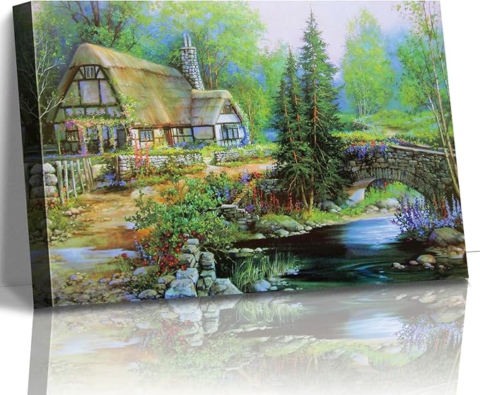 STUDIO HAVEN Thomas Kinkade Canvas Wall Art, Riverside Cottage Stone Bridge Vine-Covered Home Flowing Stream Oil Painting Poster Rustic Wall Decor, Framed Prints for Home Decor, 24x16Inch