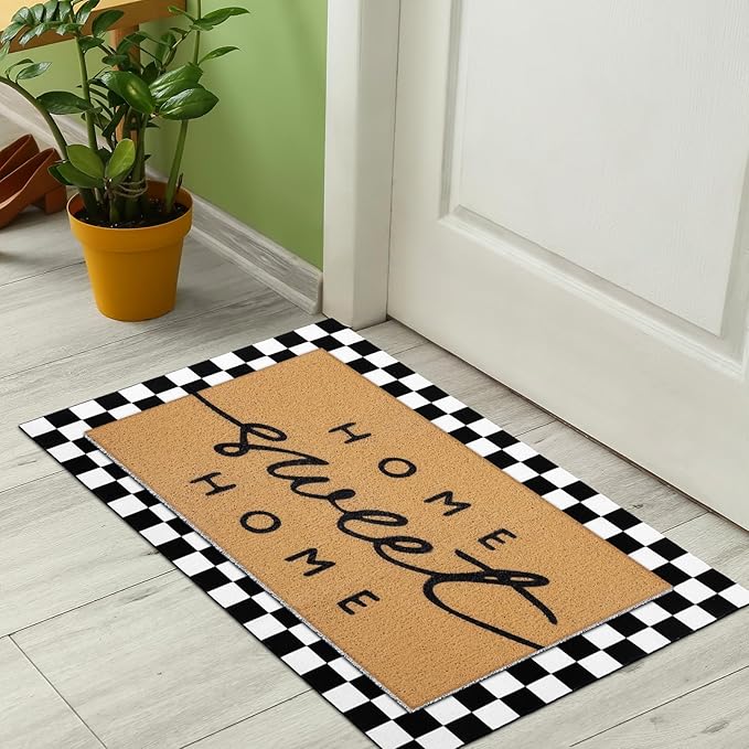 Tinideya 2 Pcs Summer Door Mat Non Slip Wildflower Coastal Hello Sunshine Sweet Home Ocean Pet Welcome Floor Doormat Buffalo Plaid Checked Stripe Mat Seasonal for Front Porch Entryway(Home Sweet)