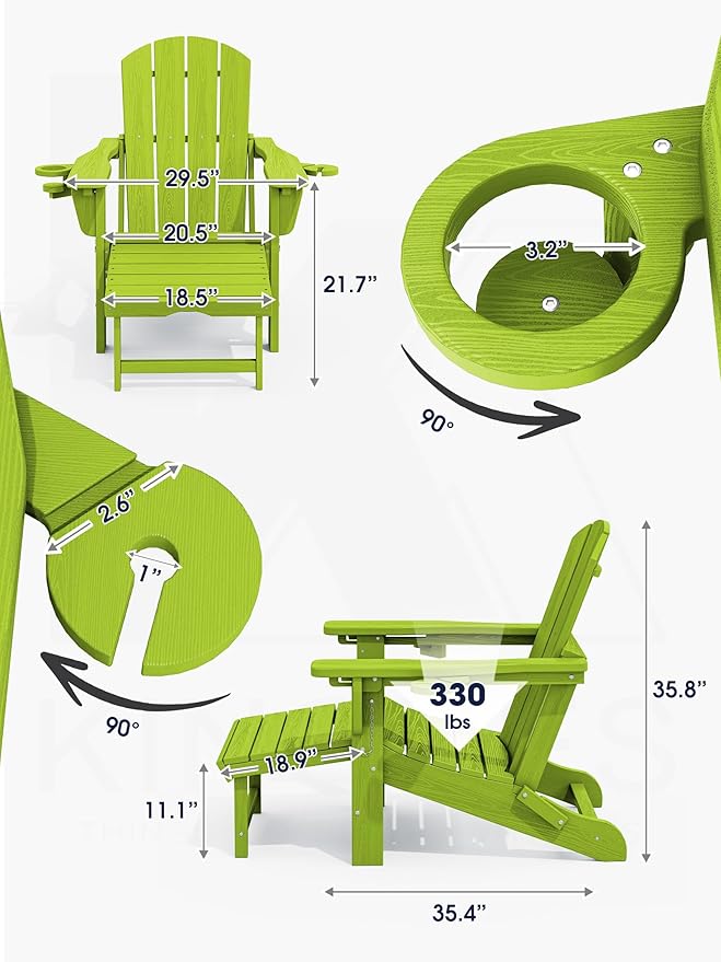 KINGYES Folding Adjustable Adirondack Chair with Ottoman & 2 Cup Holders Set of 2, HDPE Adirondack Recliner Chair with Footrest, Apple