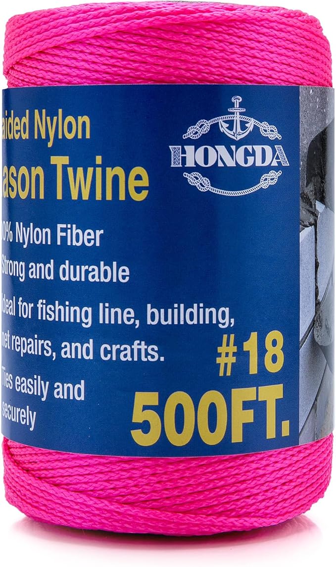 HONGDA Nylon Twine, 500 Feet #18 Braided Nylon Mason line String Perfect for Masonry Jobs and for The Layout of General Construction, Gardening, DIY Project, Fluorescent Pink