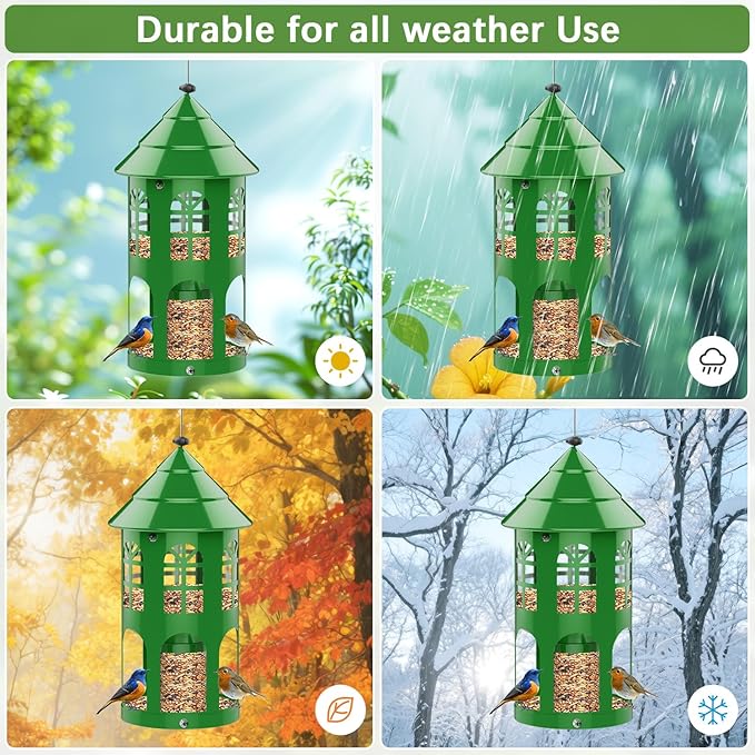 Metal Bird Feeder for Outdoor Hanging, Large Capacity Wild Bird Feeder with Weatherproof Roof & Squirrel-Proof Design, Easy to Fill & Clean, Ideal for Cardinals, Finches, and Blue Jays