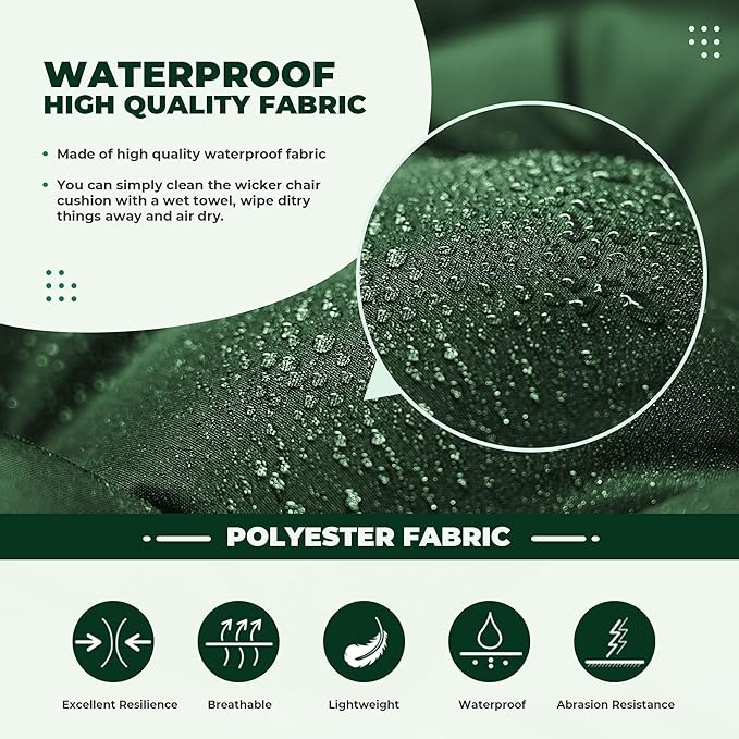 Wicker Chair Cushions, Waterproof Outdoor Loveseat Cushions for Patio Furniture, 3 Pieces Wicker Furniture Cushions, 1 Loveseat and 2 U-Shaped Cushions, Green
