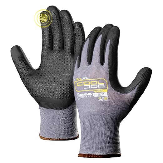 COOLJOB 36 Pairs Nitrile Rubber Dipped Safety Work Gloves with Grip Dots, Seamless Knit Nylon Gloves with 2 Fingers Touchscreen, Non-slip Coated for Warehouse, Home Improvement, Yard, Grey Medium