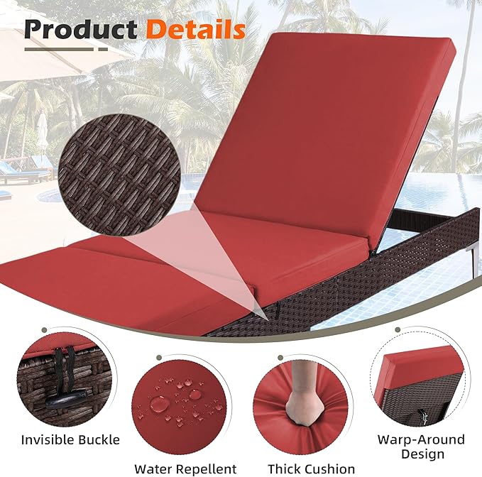 HOMREST Outdoor Lounge Chairs Set of 4, Patio Wicker Chaise Lounge with Removable Cushion, Rattan Pool Sunbathing Recliners with Adjustable Backrest (Burgundy)