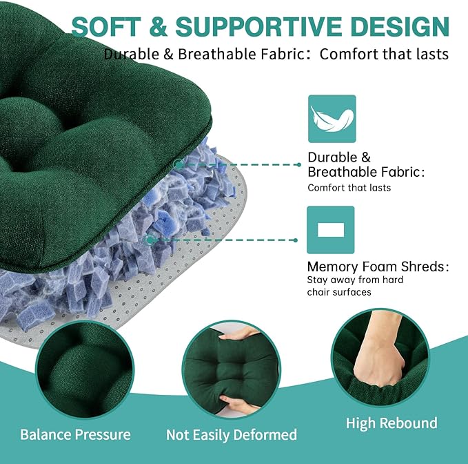 BETU Chair Cushions for Dining Chairs Set of 6,3.5" Thick Kitchen Table Chair Pads with Ties,Non Slip Backing and Covers, Seat Cushion for Dining Room,Bar,Patio Chairs,16"X16"X3.5",Dark Green