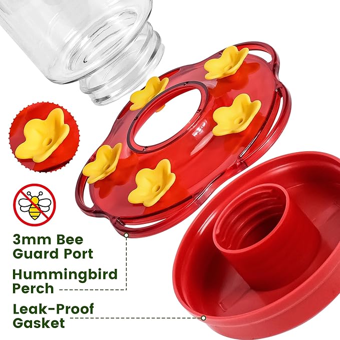 Hummingbird Feeders for Outdoors Hanging Ant and Bee Proof, 1 Pack 15 Ounces Red Hummingbird Feeder with 5 Feeding Ports and Perches, Built-in Ant Moat, Outside Garden Décor (Plastic, 1)