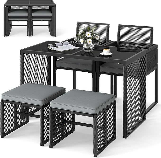 Tangkula 5 Pieces PE Wicker Patio Dining Set, Outdoor Conversation Set with Cushions, Space-Saving Patio Rattan Chair and Tempered Glass Table Set with Ottomans for Garden, Backyard & Poolside