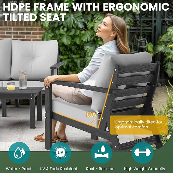 7-Piece HDPE Patio Furniture Set, Outdoor Sectional Sofa Set,All Weather Outdoor Couch with Dust-Free Cushions, Durable Patio Conversation Sets for Balcony, Porch, Black