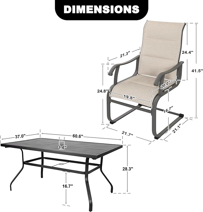 NUU GARDEN 7-Piece Outdoor Patio Dining Set - 6 Textilene Dining Chairs & 60.6" Table with Umbrella Hole, Weather-Resistant Furniture for Yard Porch Poolside Garden, Beige