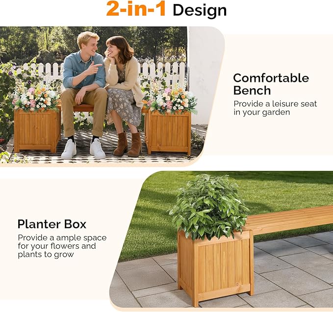 VINGLI Outdoor Wood Bench with Planter Boxes, 2-in-1 All-Weather Porch Bench Seat ＆ Open-Ended Wooden Raised Garden Bed, for Balcony Yard Patio (2 Boxes)