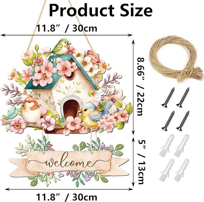 Decorative Spring Door Hangers Welcome Sign Blooming Flowers Birdhouse Wall Tags Plaque for Farmhouse Porch Front Yard Ornament Ironwork