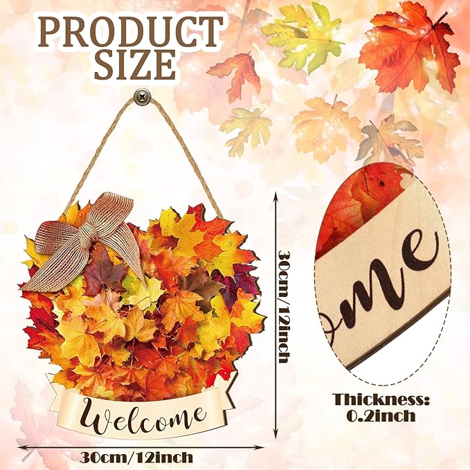 Boao Thanksgiving Welcome Door Sign Maple Leaves Hanging Decor Fall Wooden Sign Autumn Decorations Pumpkin Maple Leaves Wood Hanger for Outdoor Farmhouse Front Porch
