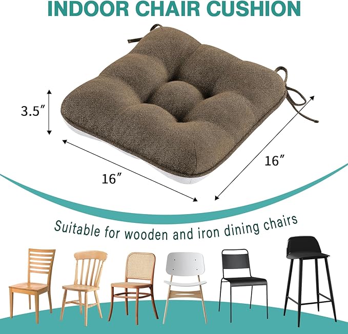 BETU Chair Cushions for Dining Chairs Set of 4,3.5" Thick Kitchen Table Chair Pads with Ties,Non Slip Backing and Covers, Seat Cushion for Dining Room,Bar,Patio Chairs,16"X16"X3.5",Brown