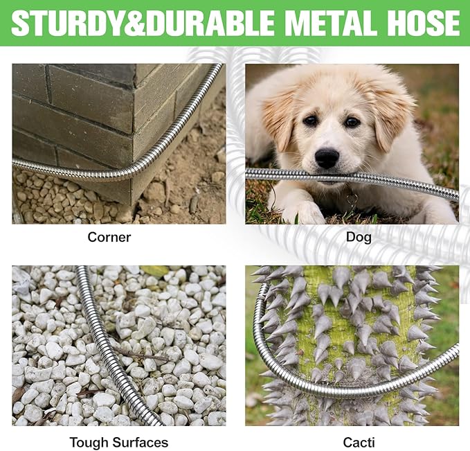 Metal Garden Hose 150ft Stainless Steel Water Hose Super Tough Flexible Water Pipe with 3/4 inch Brass Fittings and Sprayer Nozzle, Kink & Tangle Free, Rust Proof