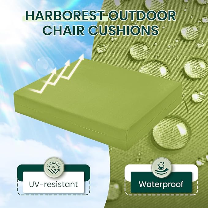 HARBOREST Outdoor Chair Cushions Set of 4, Water Resistant Patio Chair Cushions with Ties, Square Corner Outdoor Seat Cushions for Patio Furniture, 18.5"x16"x3", Grass Green