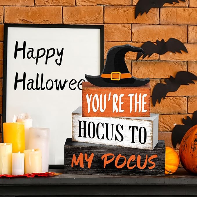 4 Pcs Halloween Hocus Pocus Table Decor Witch Hat Wooden Signs Distressed You're the Hocus to My Pocus Tabletop Centerpieces Witch Tiered Tray Decor Rustic Halloween Decorations for Home Desk
